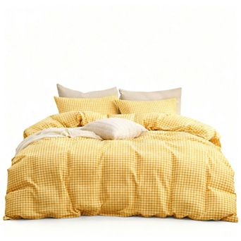 Soft Washed Cotton Plaid Three-Piece Bedding Set, Extra-Large Duvet Cover Set