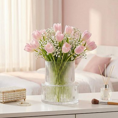 Ribbed Glass Vase Fluted Clear Flower Vase Modern Home Decor 7.5 Inches