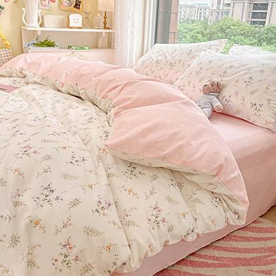 Queen Size Pink Floral Duvet Cover Set with Pillow Shams