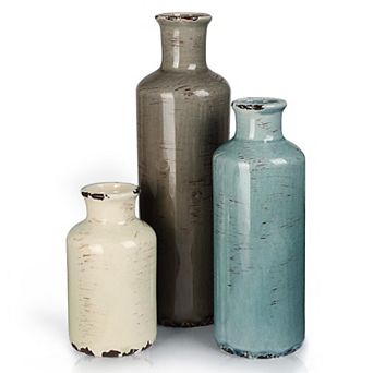 Ceramic Vases Set of 3 Rustic Farmhouse Home Decor for Shelves Mantle Table