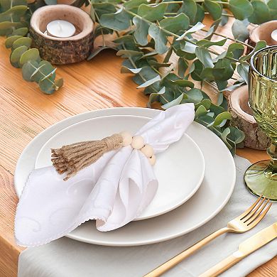 6Pcs Wooden Bead Napkin Rings Stretchable Jute Rope Tassel Boho Table Decor