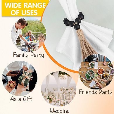 6Pcs Wooden Bead Napkin Rings Stretchable Jute Rope Tassel Boho Table Decor