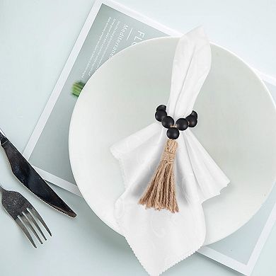 6Pcs Wooden Bead Napkin Rings Stretchable Jute Rope Tassel Boho Table Decor