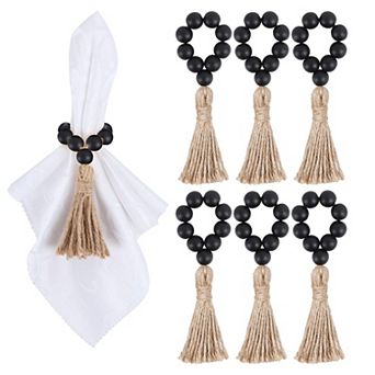 6 pc Wooden Bead Napkin Rings Stretchable Jute Rope Tassel Boho Table Decor