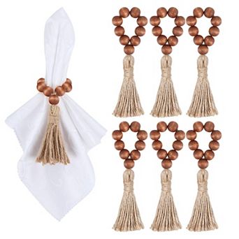 6 pc Wooden Bead Napkin Rings Stretchable Jute Rope Tassel Boho Table Decor