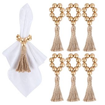 6 pc Wooden Bead Napkin Rings Stretchable Jute Rope Tassel Boho Table Decor