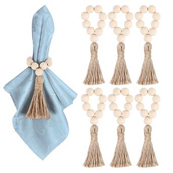 6 pc Wooden Bead Napkin Rings Stretchable Jute Rope Tassel Boho Table Decor