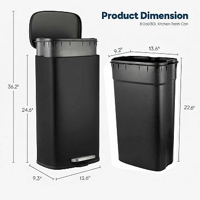 Stainless Steel Kitchen Trash Can Soft Quiet Close Step Pedal, Removable Inner Bucket, Portable