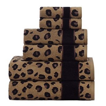6 pc Leopard Safari Jacquard Towel Set: 2 Bath, 2 Hand, 2 Washcloth Soft Absorbent Luxury