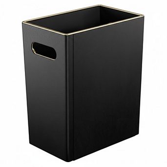 Black PU Leather Wastebasket Gold-Tone Edging 3.4 Gallon Modern Decor for Home Office