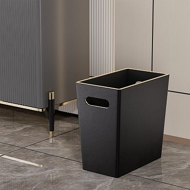 Black PU Leather Wastebasket Gold-Tone Edging 3.4 Gallon Modern Decor for Home Office