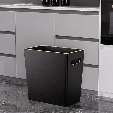 Black PU Leather Wastebasket Gold-Tone Edging 3.4 Gallon Modern Decor for Home Office