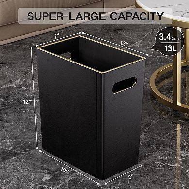 Black PU Leather Wastebasket Gold-Tone Edging 3.4 Gallon Modern Decor for Home Office