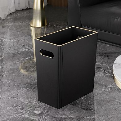 Black PU Leather Wastebasket Gold-Tone Edging 3.4 Gallon Modern Decor for Home Office