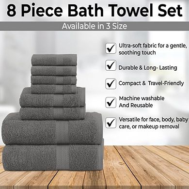 8-Piece Cotton Towel Set 2 Bath 2 Hand 4 Washcloths Quick Dry Absorbent Soft