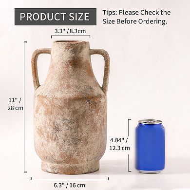 Ceramic Flower Vase With Handles 11 Inch Tall Terracotta Farmhouse Rustic Home Decor