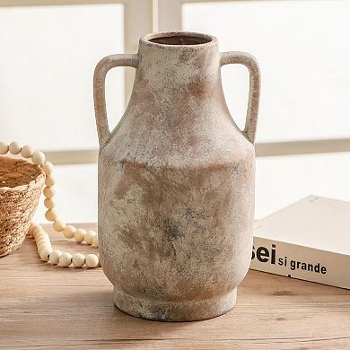 Ceramic Flower Vase With Handles 11 Inch Tall Terracotta Farmhouse Rustic Home Decor