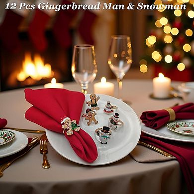 12 Snowman Gingerbread Man Napkin Rings Alloy Christmas Table Decor