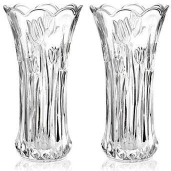 Set Of 2 Glass Flower Vases 9.5" Crystal Tall Flared Heavy Base Hand Blown