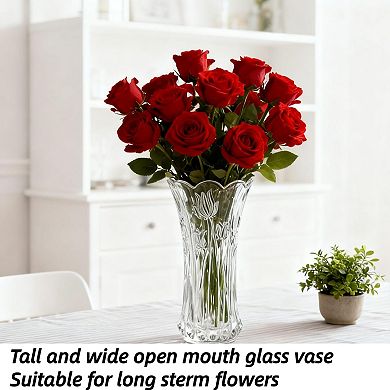 Set Of 2 Glass Flower Vases 9.5" Crystal Tall Flared Heavy Base Hand Blown