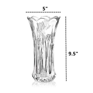 Set Of 2 Glass Flower Vases 9.5" Crystal Tall Flared Heavy Base Hand Blown