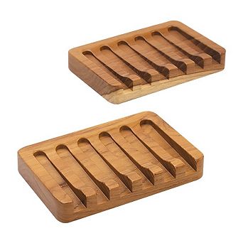 2 pc Teak Wood Self Draining Soap Dishes Anti Slip Easy Dry Extend Life for Shower Bathroom Kitchen