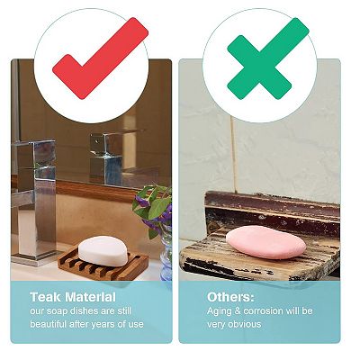 2pcs Teak Wood Self Draining Soap Dishes Anti Slip Easy Dry Extend Life for Shower Bathroom Kitchen