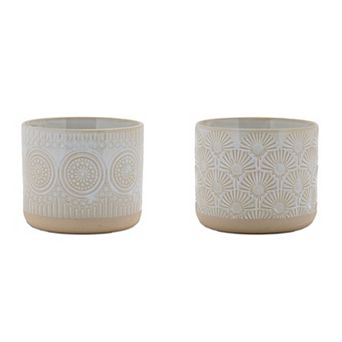 Set of 2 Decorative Porcelain Planters with Mandala and Scalloped Texture for Shelves and Tables
