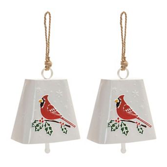 2 pc Large Metal Bell Ornament Set with Cardinal and Holly Design for Christmas Tree, Mantel