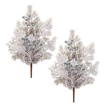 Set of 2 Flocked Pine Berry Sprays for Tablescapes, Mantels, Entryways, and Winter Home Decor