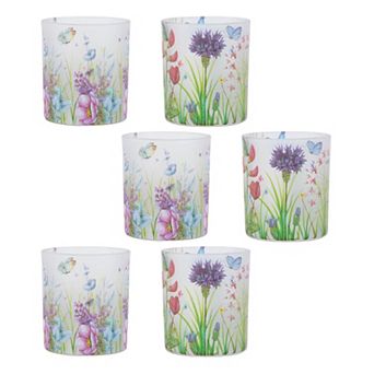 Glass Votive Candle Holders Set of 6 with Butterfly and Floral Designs for Home Accents
