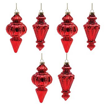 6 pc Glass Finial Christmas Ornament Set with Assorted Designs for Holiday Tree and Decor