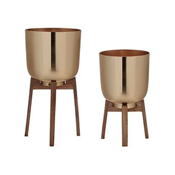 Set of 2 Decorative Metal Planters with Wood Tripod Stands for Living Rooms and Offices
