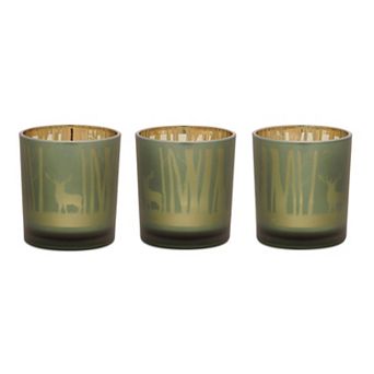 Rustic Votive Candle Holders Set of 3 Glass Forest Scene for Living Room or Lodge