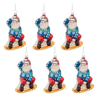 6 pc Glass Snowboarding Santa Ornament Set for Christmas Tree and Holiday Decor
