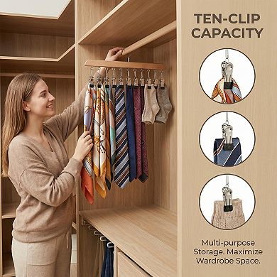 2 Pcs Hangers, Wood Hanger with 10 Clips for Closet Organizer, Space Saving Storage for Socks