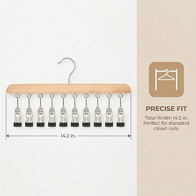 2 Pcs Hangers, Wood Hanger with 10 Clips for Closet Organizer, Space Saving Storage for Socks