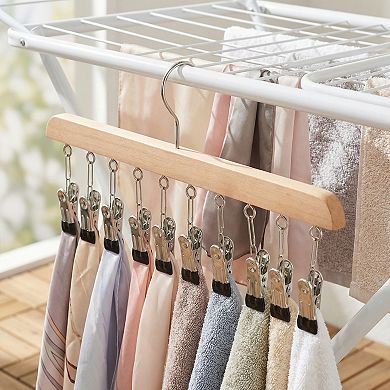 2 Pcs Hangers, Wood Hanger with 10 Clips for Closet Organizer, Space Saving Storage for Socks