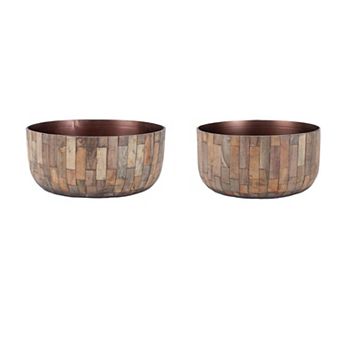 Set of 2 Round Wooden Bowl Planters with Metal Lining for Indoor Plants and Succulents