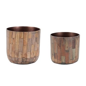 Set of 2 Decorative Wooden Planters with Metal Accents for Shelves and Tabletops