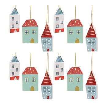 12 pc Ceramic Winter House Ornament Set for Christmas Tree, Wreath, and Garland Decor