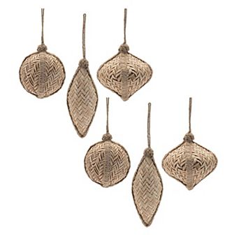 6 pc Woven Wicker Ornament Set with Ball, Onion, and Drop Shapes for Holiday Decor