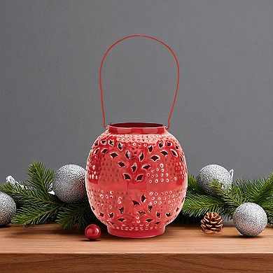 Indoor Metal Lantern with Handle and Decorative Punched Pattern for Tabletop