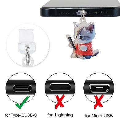 Cat Pendants Dust Plug Charm for Type-C Orange Pink Light Gray 2 Pcs
