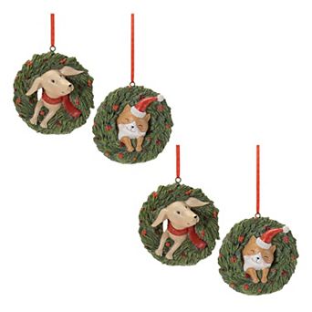 4 pc Cat and Dog Wreath Ornament Set for Christmas Tree, Garland, and Tabletop Displays