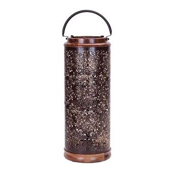 Punched Metal Candle Lantern with Wood Accents for Cozy Table or Mantel Décor