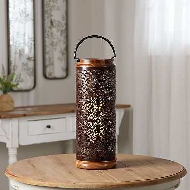 Punched Metal Candle Lantern with Wood Accents for Cozy Table or Mantel Décor