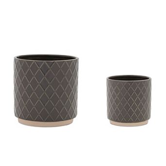 Set of 2 Diamond Pattern Ceramic Planters for Indoor Plants, Succulents, and Small Flowers