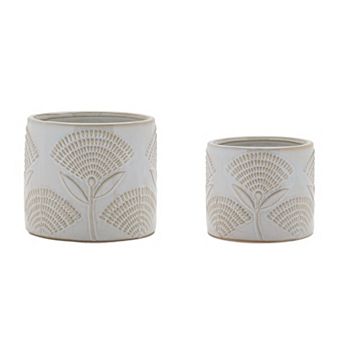 Set of 2 Decorative Porcelain Planters with Etched Floral Texture for Shelves and Tables