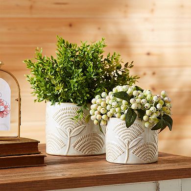 Set of 2 Decorative Porcelain Planters with Etched Floral Texture for Shelves and Tables